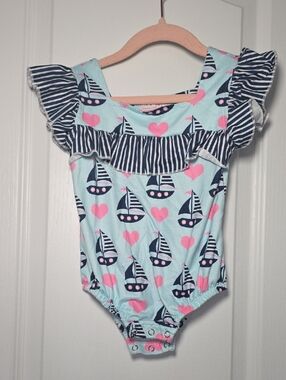 Pete and Lucy- Girls Sailboat Ruffle One-Piece - Aqua with Pink Hearts